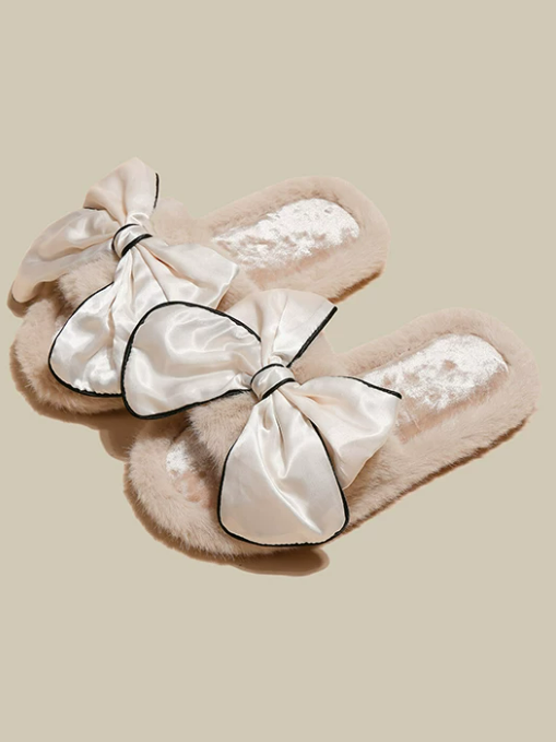 Wholesale Women's Japanese Style Plush Bow Platform Slippers