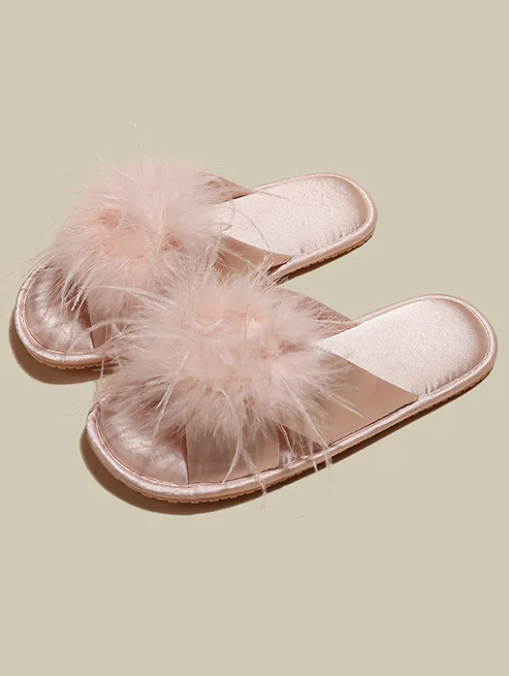 Wholesale Women's French Feather Trim Satin Bridal Slippers